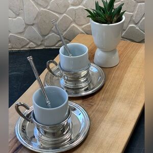 ELEGANCE | Set of 2 | Silver Plate and Ceramic | Espresso Cups and Saucers